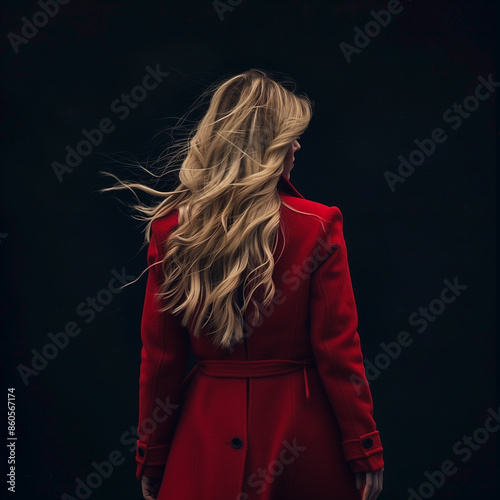 A blonde woman with a long red coat standing back posing