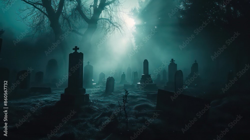 Ghost cemetery in the forest at night under the moonlight. Modern digital art illustration. Ghost cemetery in the forest at night under the moonlight. Modern digital art illustration.