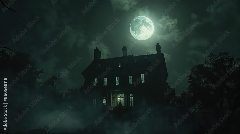 Haunted House. Creepy Atmosphere for Halloween. Fog, Moon light. Illuminated windows. . High quality 3d illustration Haunted House. Creepy Atmosphere for Halloween. Fog, Moon light. Illuminated windows. . High quality 3d illustration