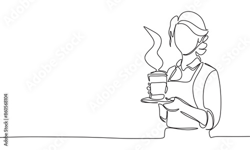 Barista one line continuous. Waitress with coffee line art. Hand drawn vector art.