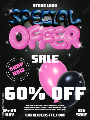 Black Friday super sale. Promo vertical background with realistic 3d balloon style letters, pink and black. Vector illustration of promotion banner, web poster.
