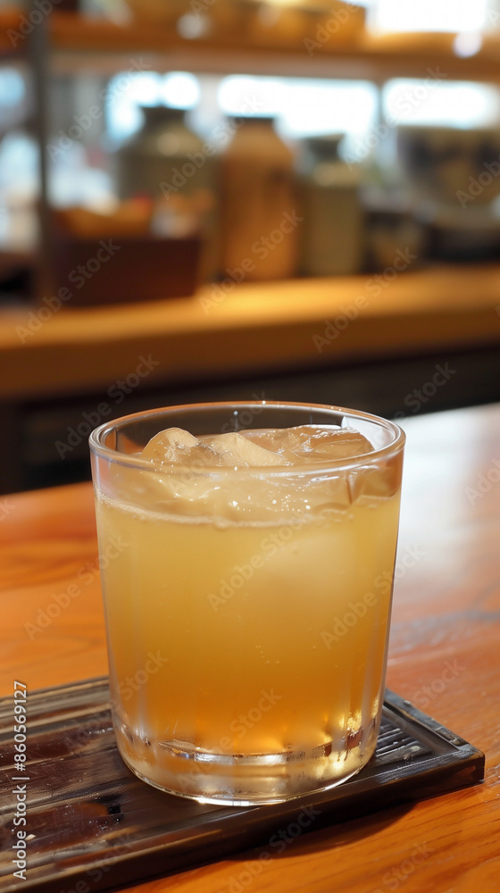 Kombucha drink on ice on a contemporary countertop. Kombucha drink on ice on a contemporary countertop.