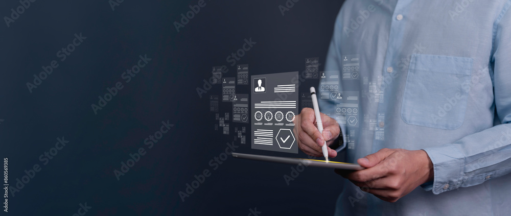 Employee selection, businessman process select the optimum resume application form, recruitment to interview and join with company. interviewing and hiring through an internet recruitment agency.