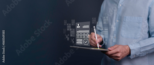 Obraz na płótnie Employee selection, businessman process select the optimum resume application form, recruitment to interview and join with company. interviewing and hiring through an internet recruitment agency. w salonie