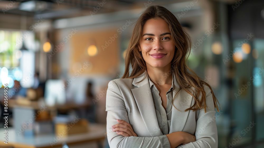 Portrait of a smiling business woman standing with her arms crossed looking at the camera Portrait of a smiling business woman standing with her arms crossed looking at the camera