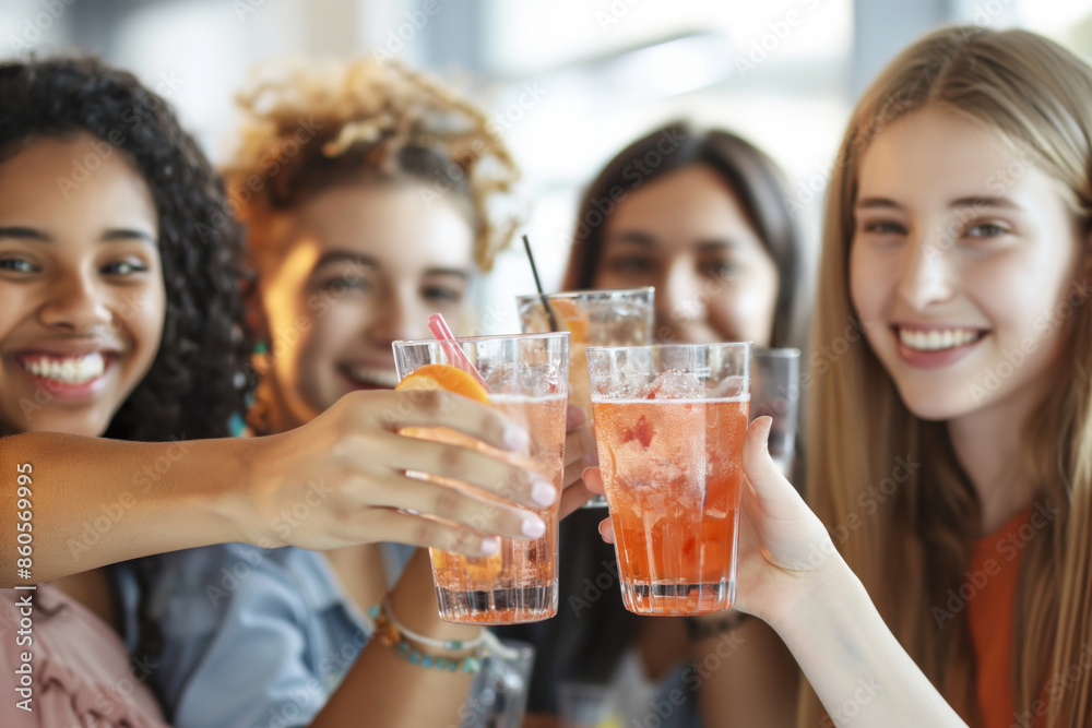 A group of young women raising their glasses in a toast with drinks on Labor Day. Ideal for promoting festive celebrations, camaraderie, and the joy of gathering with friends