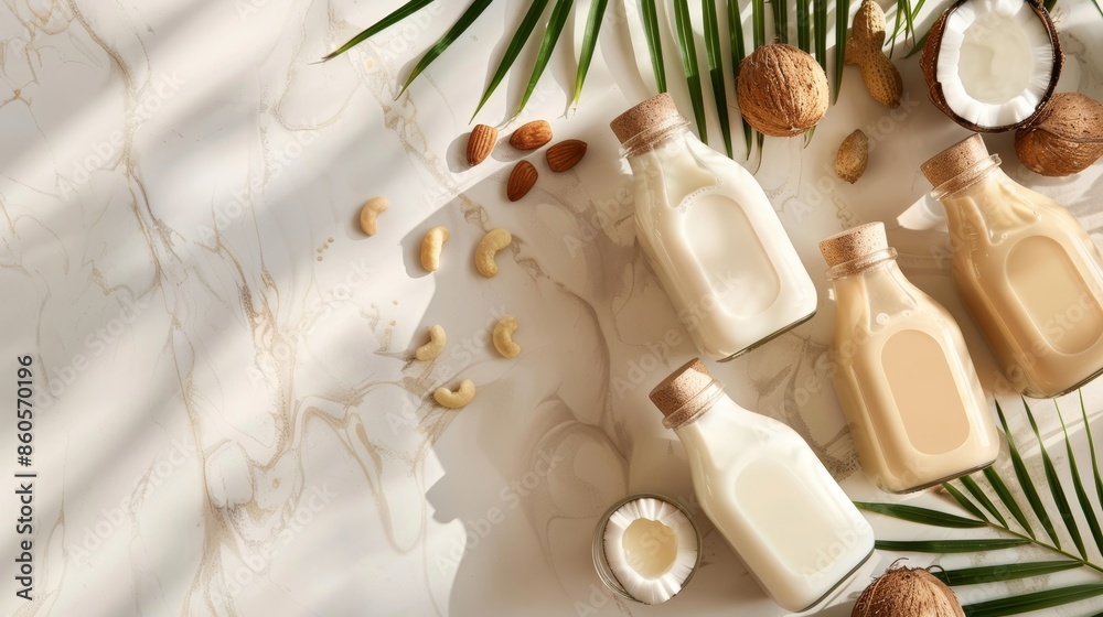 Assorted Plant-Based Milks on Light Background for Healthy Lifestyle Generative AI Assorted Plant-Based Milks on Light Background for Healthy Lifestyle Generative AI