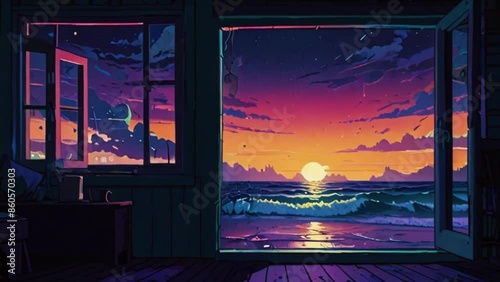 Wallpaper Mural The cat is in a seaside cottage, watching waves crash against the shore. Thunder rumbles in the distance, creating a dramatic atmosphere, zoom OBS, anime chill hip hop. Cyan purple colours manga style Torontodigital.ca