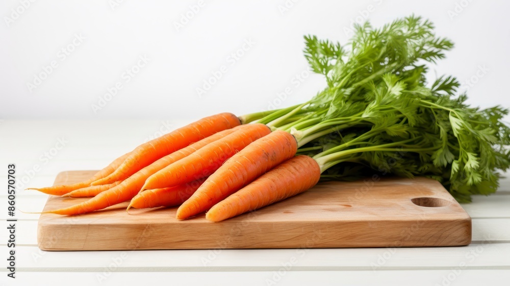 Bunch of fresh carrots with green leaves on wooden board over white background Bunch of fresh carrots with green leaves on wooden board over white background