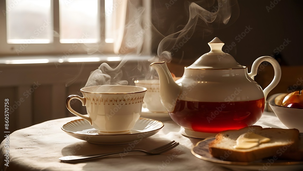 Obraz premium Freshly brewed tea hot drink morning breakfast natural product