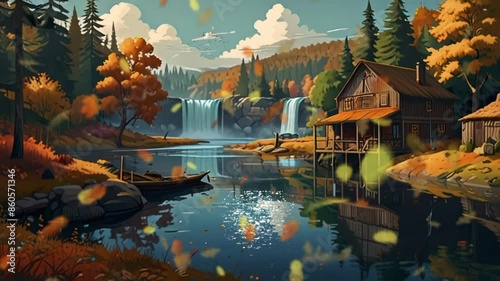 wooden house in the forest with flowing river, boats and waterfall in spring. Seamless looping 4k video animation photo
