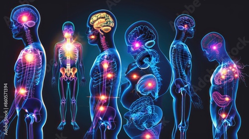 Illustration of MS patients experiencing neurological disorders and symptoms resulting from their condition. Multiple Sclerosis Concept background. Ai generated photo