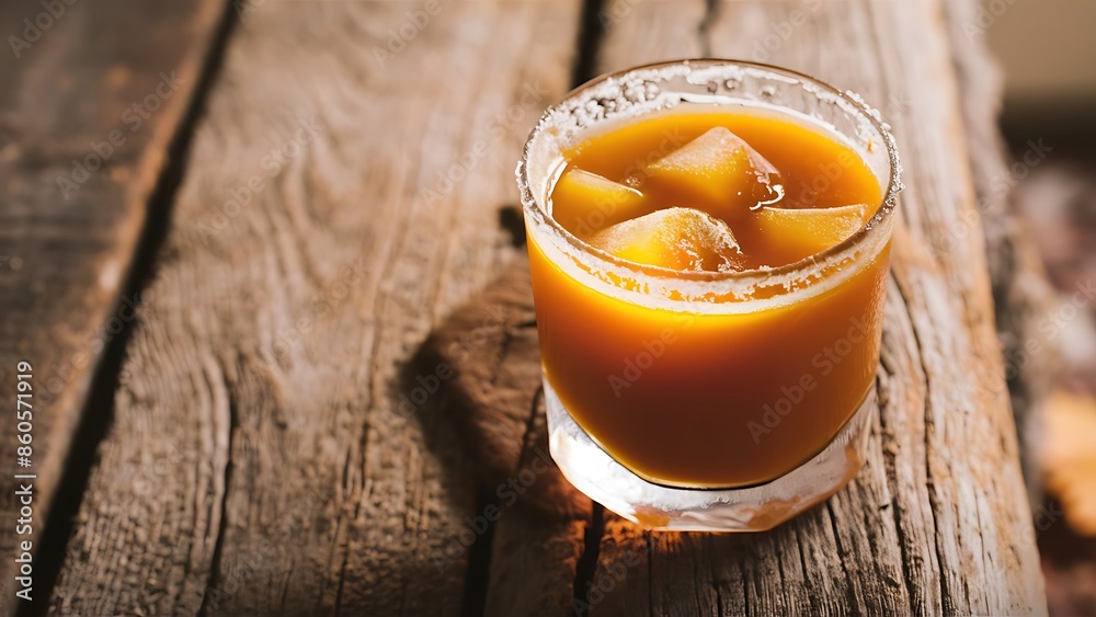 Cocktail of pumpkin juice with ice on a wooden background selective focus Cocktail of pumpkin juice with ice on a wooden background selective focus