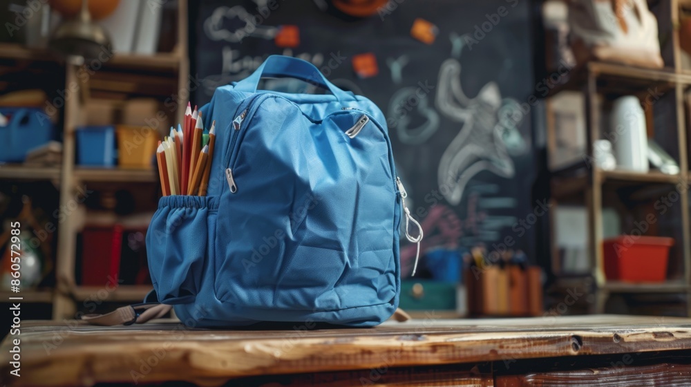 Obraz premium Blue Backpack with Colorful Pencils in Classroom Generative AI
