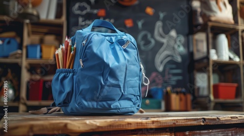 Blue Backpack with Colorful Pencils in Classroom Generative AI photo