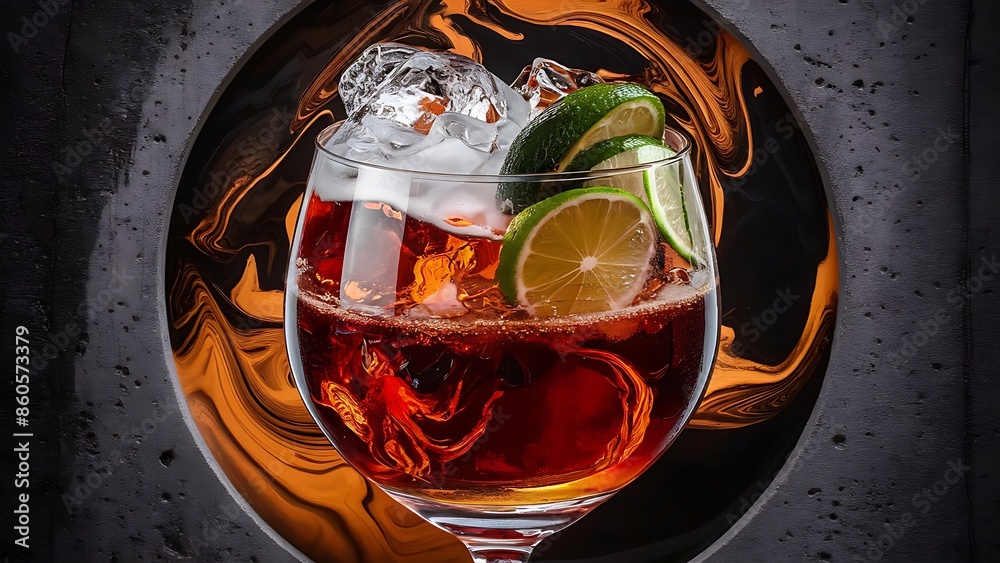 Summer cooling alcoholic beverage from cola whiskey lime and liqueur in glass on dark concrete old background Summer cooling alcoholic beverage from cola whiskey lime and liqueur in glass on dark concrete old background