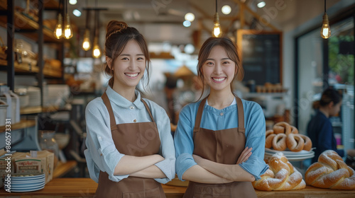 Two diverse female secretaries standing with arms crossed smiling at the camera in front of their bakery