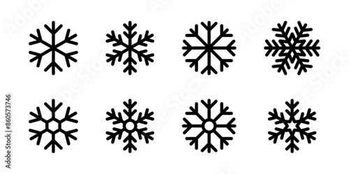 Snowflake icon set. Winter season symbol. Ice crystal vector illustration. Christmas holiday decoration. Frost ornament.