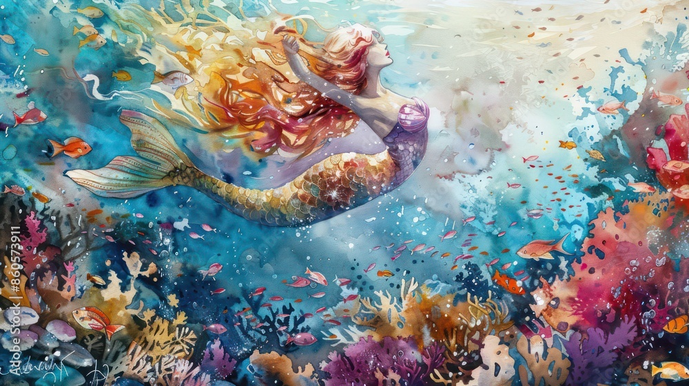 Fototapeta premium An enchanting watercolor painting of a mermaid with flowing hair and a sparkling tail