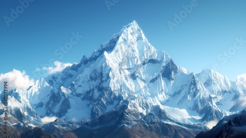 Snow-capped mountain peak against blue sky photo