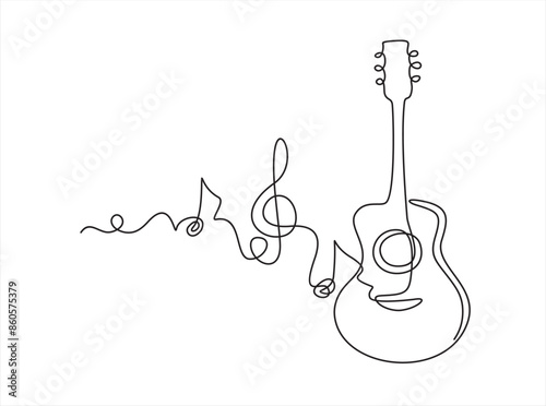 One line acoustic guitar illustration with notes. Music live. Music band instrument line art. steel guitar logo icons vector design.