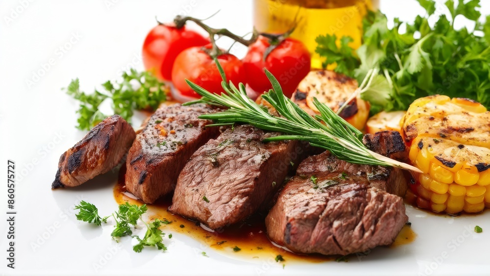 Grilled beef with vegetables and herbs on a white background. Promotional photo. Grilled beef with vegetables and herbs on a white background. Promotional photo.