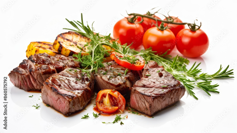 Grilled beef with vegetables and herbs on a white background. Promotional photo. Grilled beef with vegetables and herbs on a white background. Promotional photo.