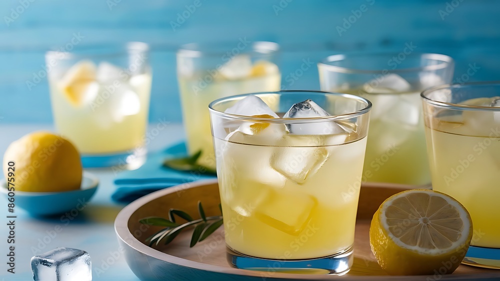Various lemonade with ice in glasses over blue background Various lemonade with ice in glasses over blue background