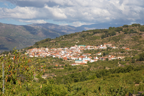Konstfotografi Village landscape between mountains and nature, Cabrero town in Valle del Jerte, Caceres, Spain