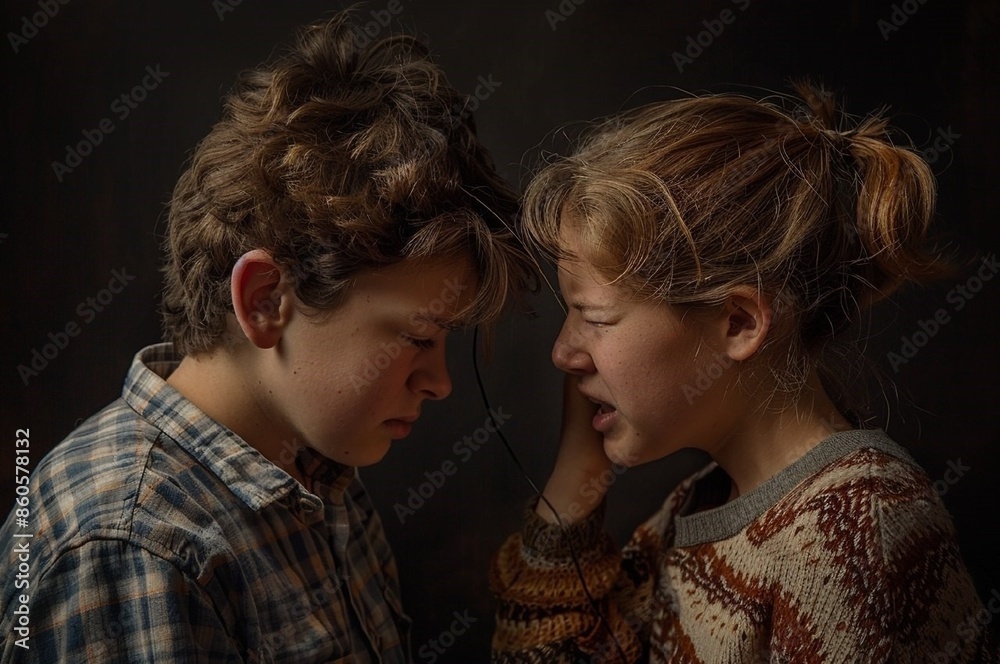 Stunning photos of a mother and a teenage son in high resolution, the mother scolds her son, and he gets upset and covers his ears. Family Stunning photos of a mother and a teenage son in high resolution, the mother scolds her son, and he gets upset and covers his ears. Family