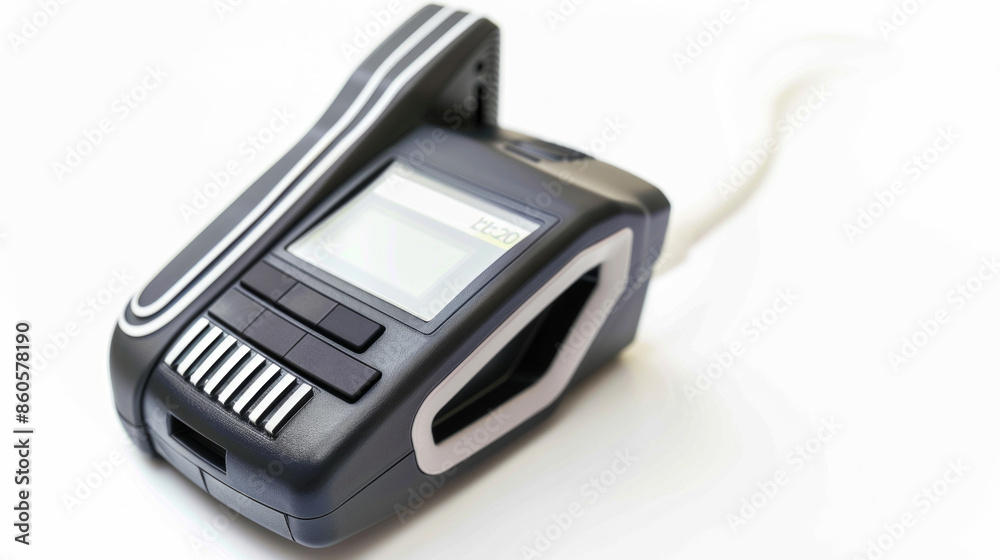 Handheld barcode scanner for reading barcode information on ATM components isolated on white background Handheld barcode scanner for reading barcode information on ATM components isolated on white background