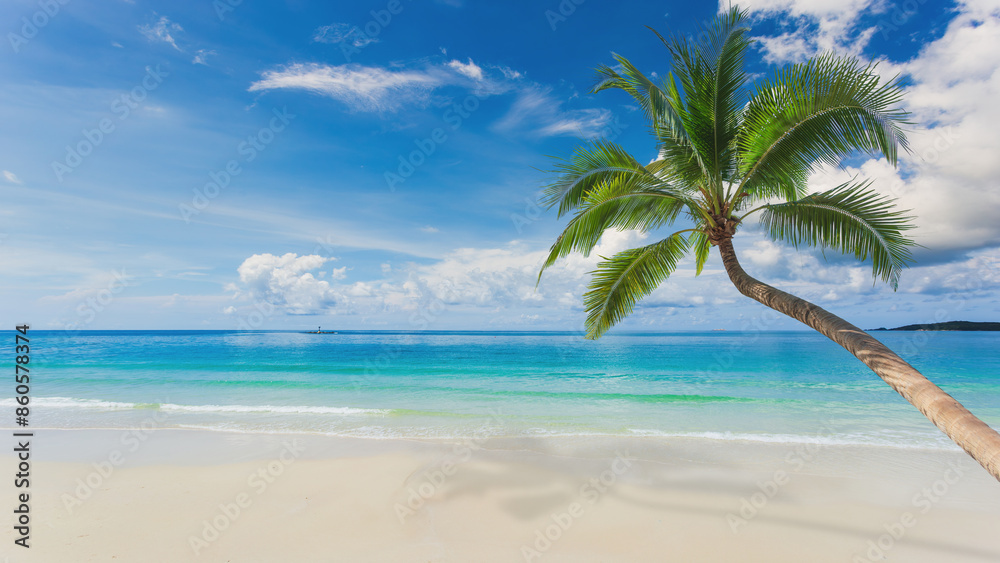 Fototapeta premium Beautiful tropical beach with blue sky and abstract texture background of white clouds. Summer vacation and vacation business travel concept.