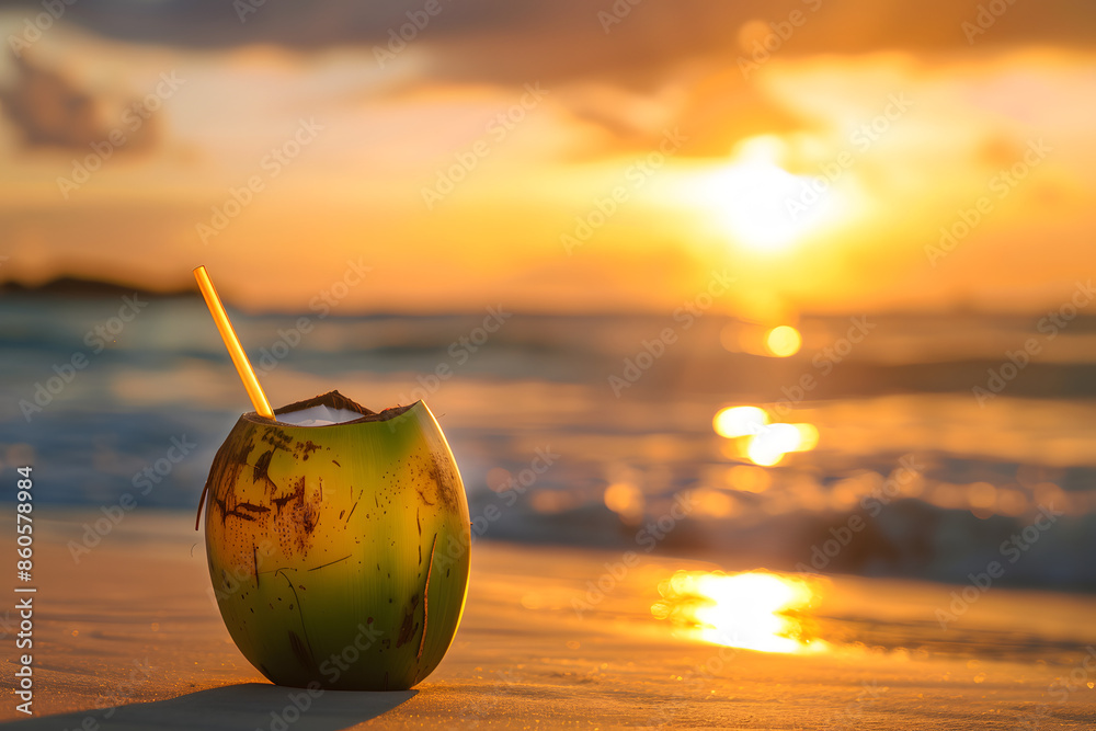 A detailed close-up of a coconut drink with a straw, set against the backdrop of a tropical beach at sunset, capturing the essence of a tropical getaway A detailed close-up of a coconut drink with a straw, set against the backdrop of a tropical beach at sunset, capturing the essence of a tropical getaway