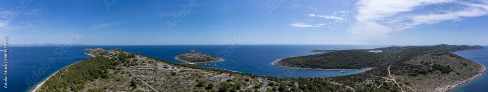 Panoramic drone view of the Mediterranean coast of the island Zirje in Croatia