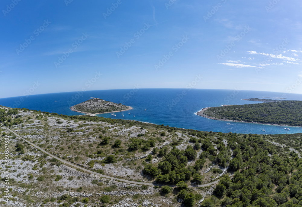 drone view of the Mediterranean coast of the island Zirje in Croatia
