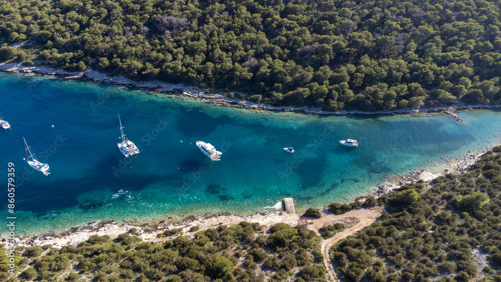 drone view of the Mediterranean coast of the island Zirje in Croatia
