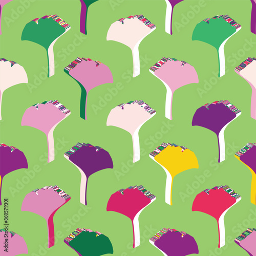 Multiple artistic musical keyboardlike instruments creatively arranged in a colorful pattern on green background