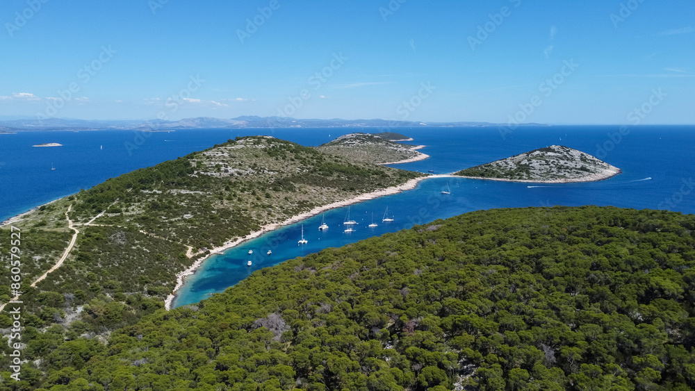 drone view of the Mediterranean coast of the island Zirje in Croatia