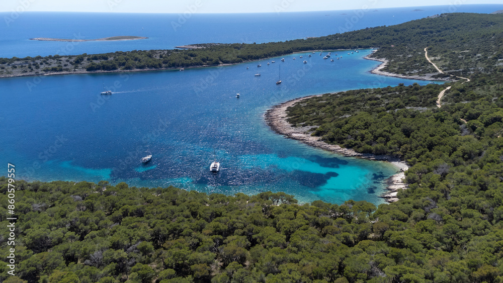 drone view of the Mediterranean coast of the island Zirje in Croatia