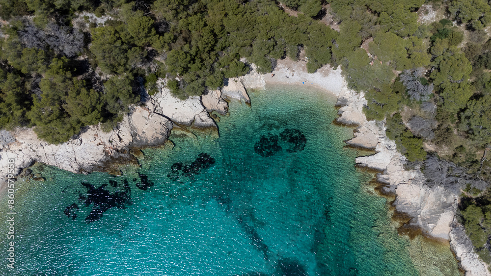 drone view of the Mediterranean coast of the island Zirje in Croatia