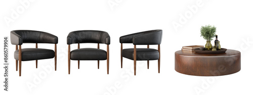 Black leather armchair and copper table isolated PNG.3d rendering photo