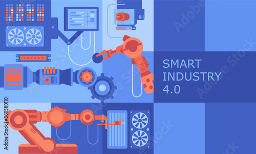 Industry abstract background. Robotic arms and machine tools of automated factory flat color design. Digitization of manufacture with AI technology creative cartoon collage. Vector illustration
