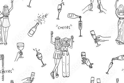Seamless pattern of hands with champagne glasses, wine glasses, champagne bottles. Cheers. Alcoholic drinks. Great for bar menu, holiday, wedding, celebration. Girlfriends. Bachelorette party. Doodle