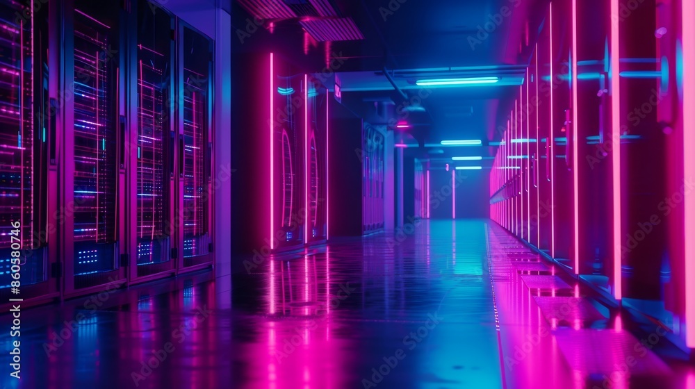 Futuristic Data Center with Neon Lights, Generative AI Futuristic Data Center with Neon Lights, Generative AI