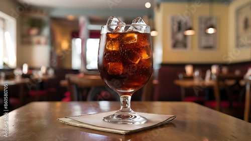 Cola glass soft drink with ice on wood table in restaurant background