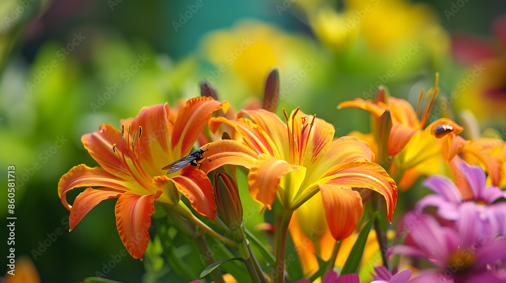 Colorful garden flowers with insects isolated background : Generative AI Colorful garden flowers with insects isolated background : Generative AI