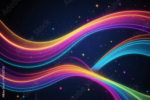 Dark background with colorful glowing stripes in abstract rainbow pattern and scattered twinkling stars