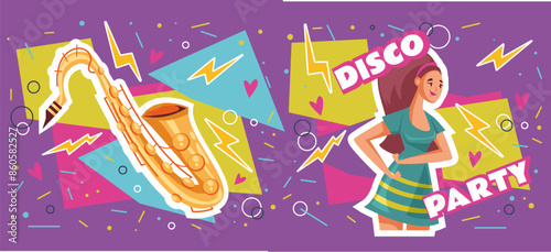 Retro 80s disco music party banner poster concept. Vector flat graphic design cartoon illustration