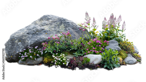Cutout rock surrounded by flowersGarden design isolated on white background Flowering shrub and green plants for landscaping Decorative shrub and flower bed : Generative AI photo