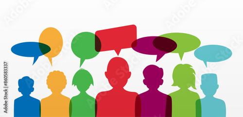 Silhouettes of a group of peoplre and bubbles for speech. The design is suitable for presentations, prints and more. Vector illustration.
